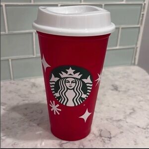 NEW Starbucks 2023 16oz Reusable Holiday Red Cup With White Lid